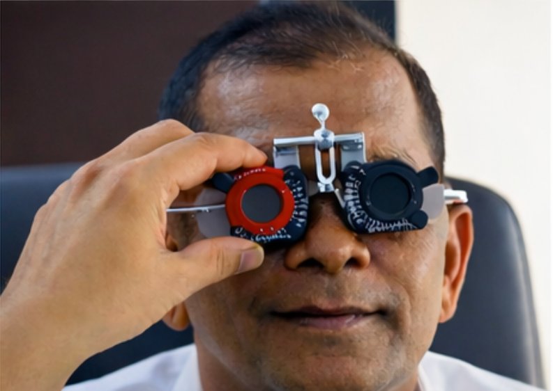 Eye power testing with trial frame at Wankhade Netralaya